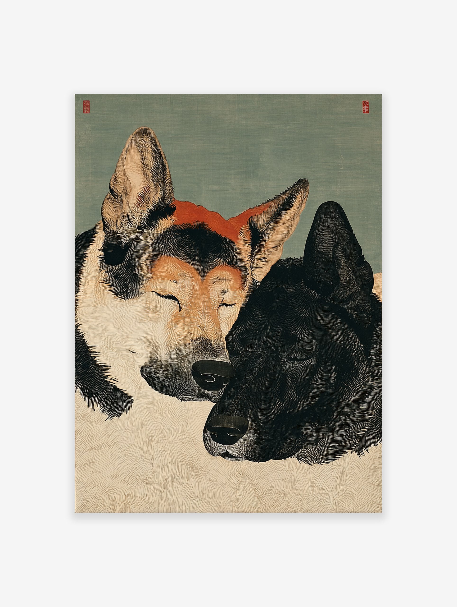 Japanese style illustration of two Akita dogs, one light brown and one black, snuggled together, eyes closed.