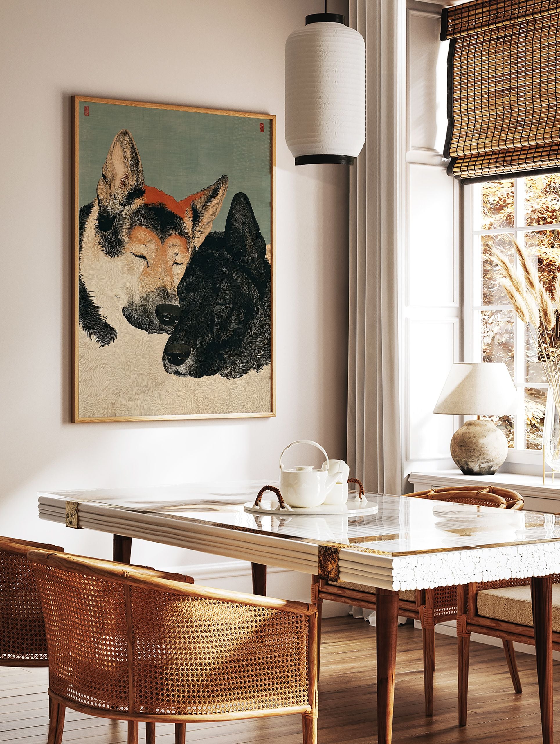 Japanese style illustration of two Akita dogs, one light brown and one black, snuggled together, eyes closed. - Image 2