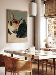 Japanese style illustration of two Akita dogs, one light brown and one black, snuggled together, eyes closed. - Image 2