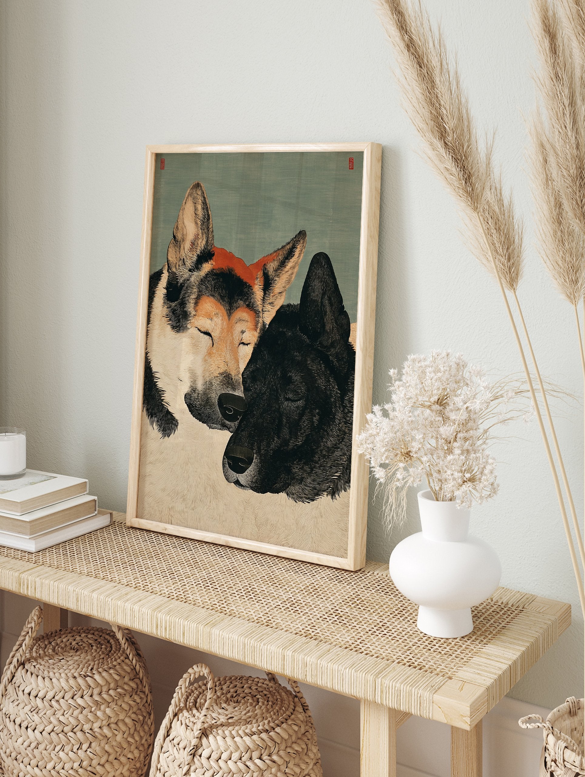 Japanese style illustration of two Akita dogs, one light brown and one black, snuggled together, eyes closed. - Image 3