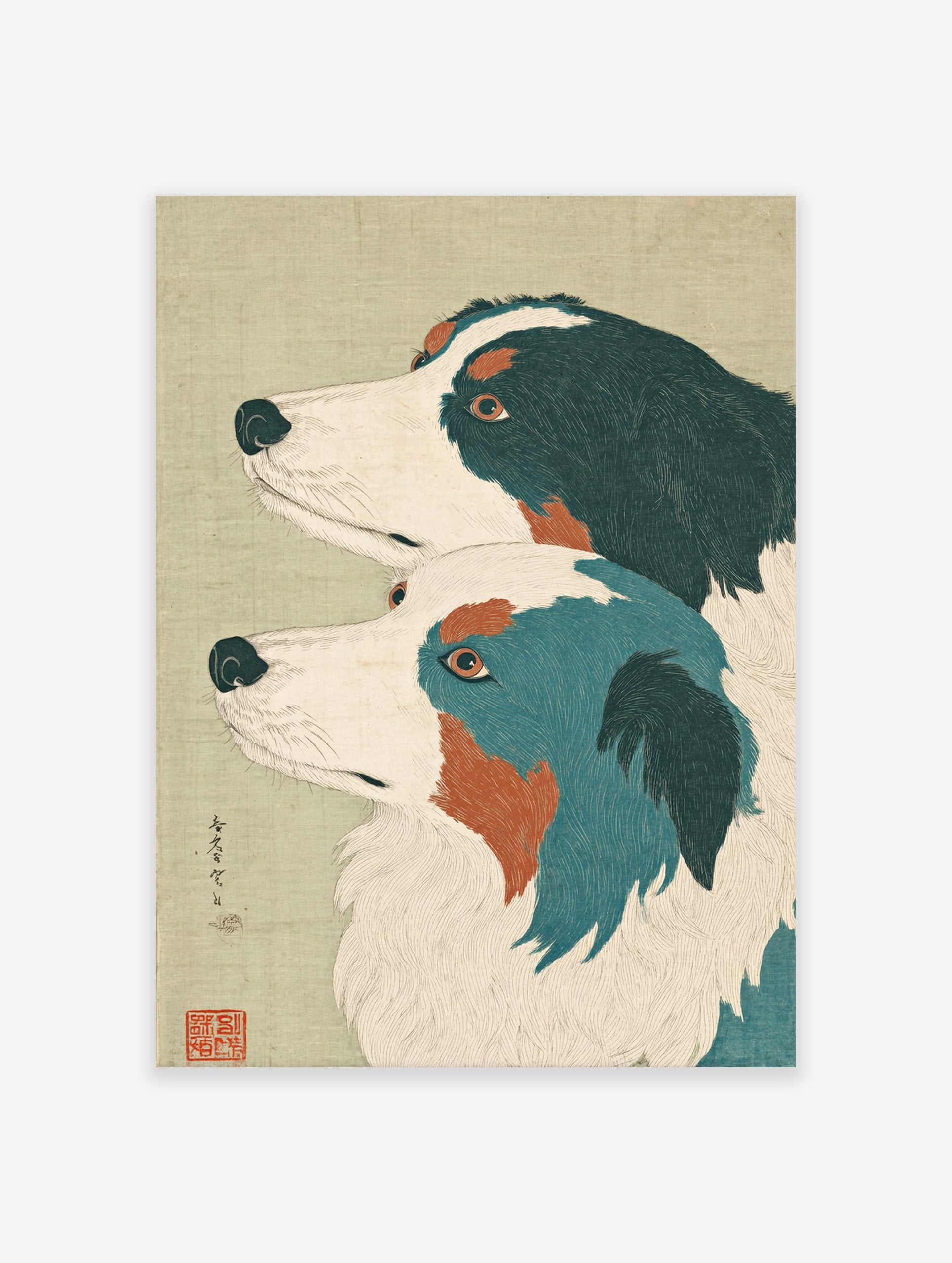 Japanese dog wall art print showing two stylized dogs, one black and white, the other blue and white, with orange accents.
