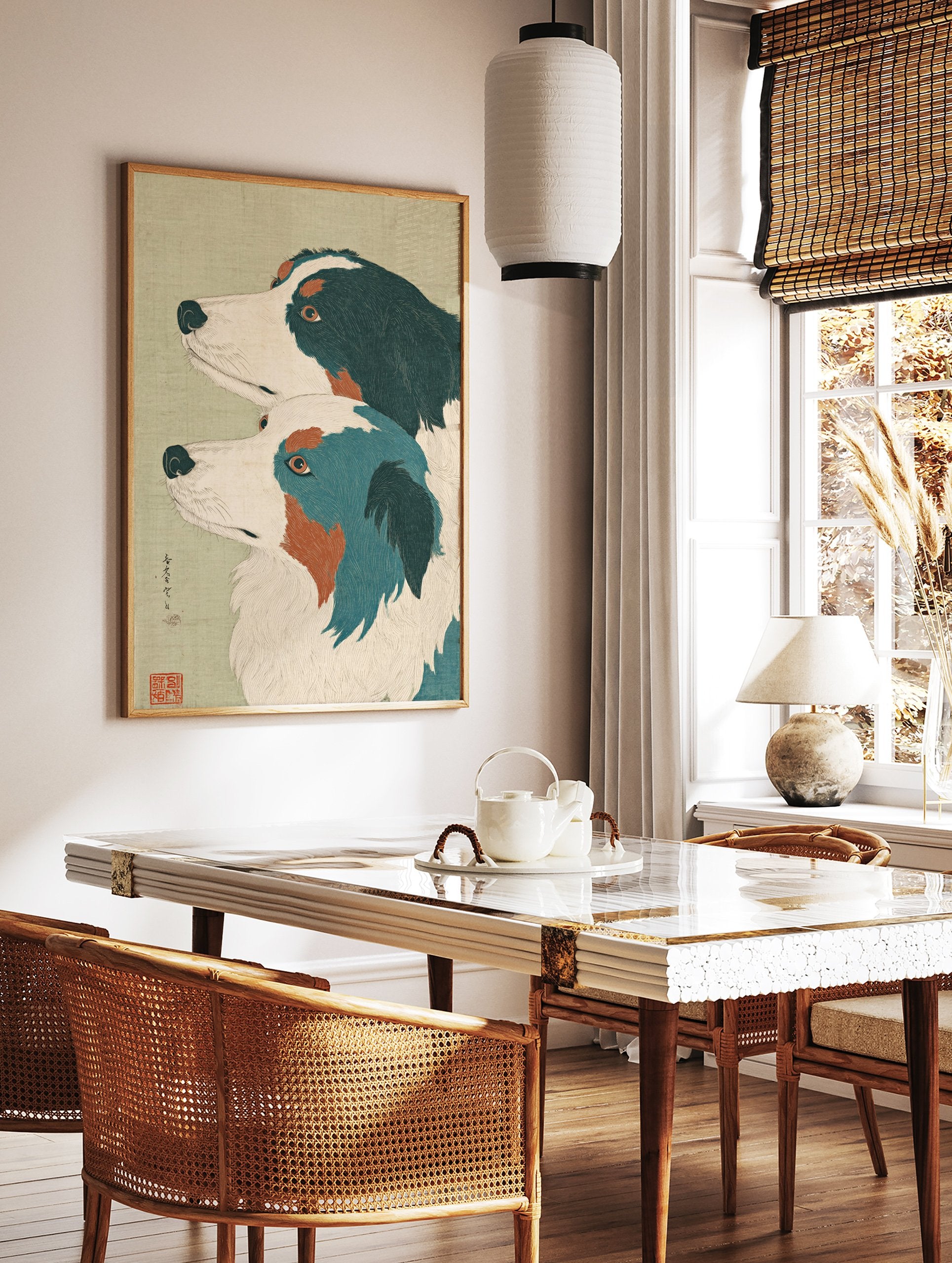 Japanese dog wall art print showing two stylized dogs, one black and white, the other blue and white, with orange accents. - Image 2