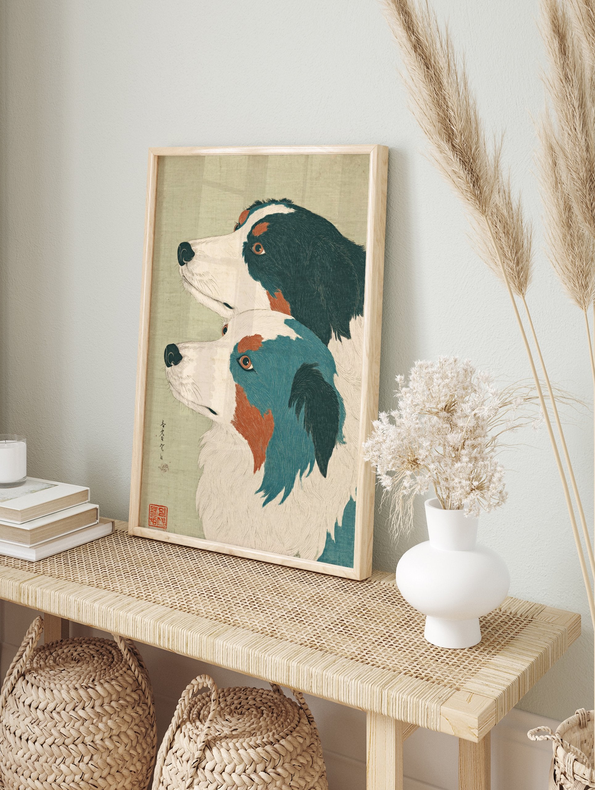 Japanese dog wall art print showing two stylized dogs, one black and white, the other blue and white, with orange accents. - Image 3