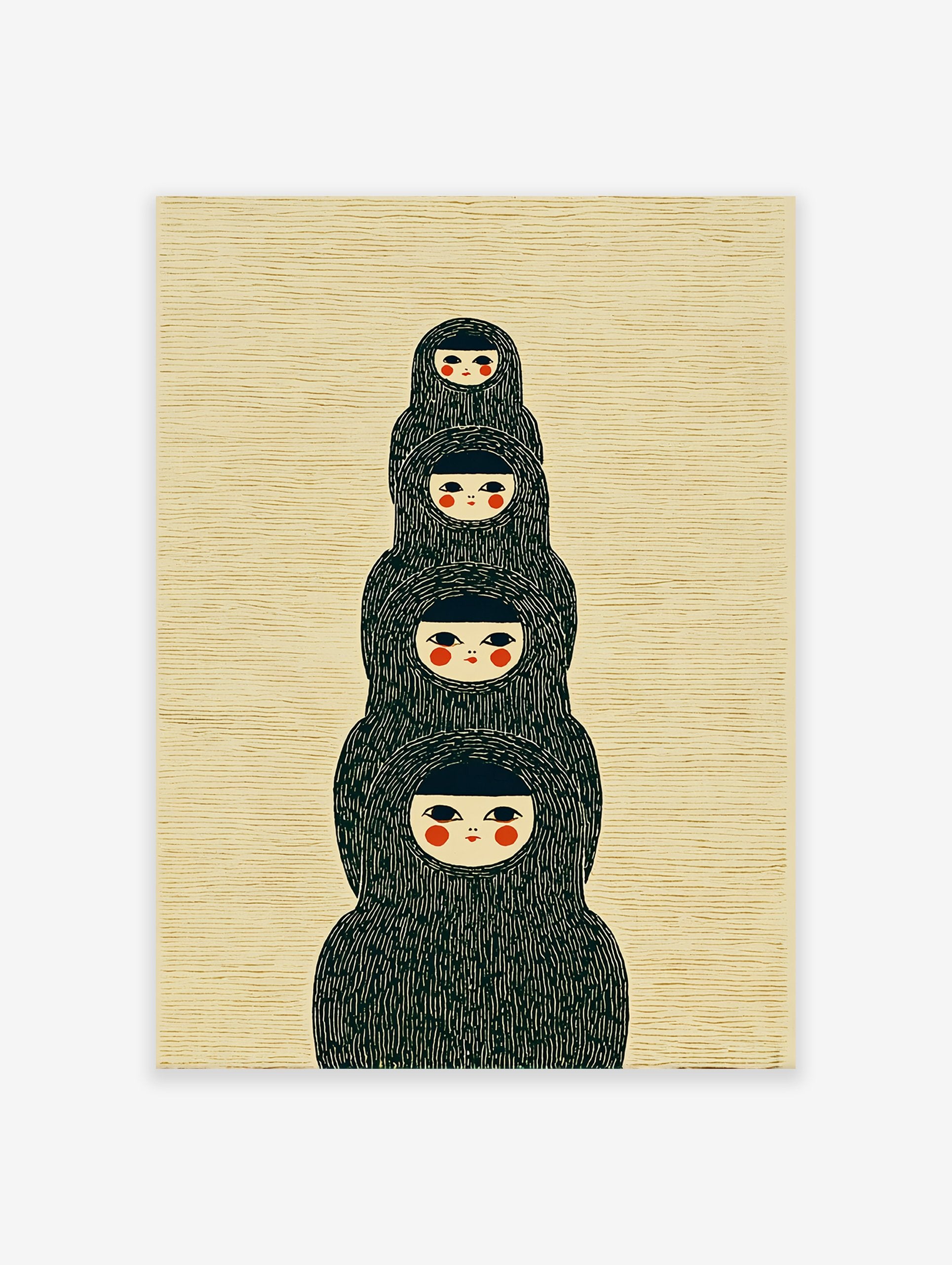 Japanese dolls wall art print showing four stylized figures stacked vertically with black hoods and red cheeks on a textured background.