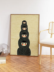 Japanese dolls wall art print showing four stylized figures stacked vertically with black hoods and red cheeks on a textured background. - Image 2