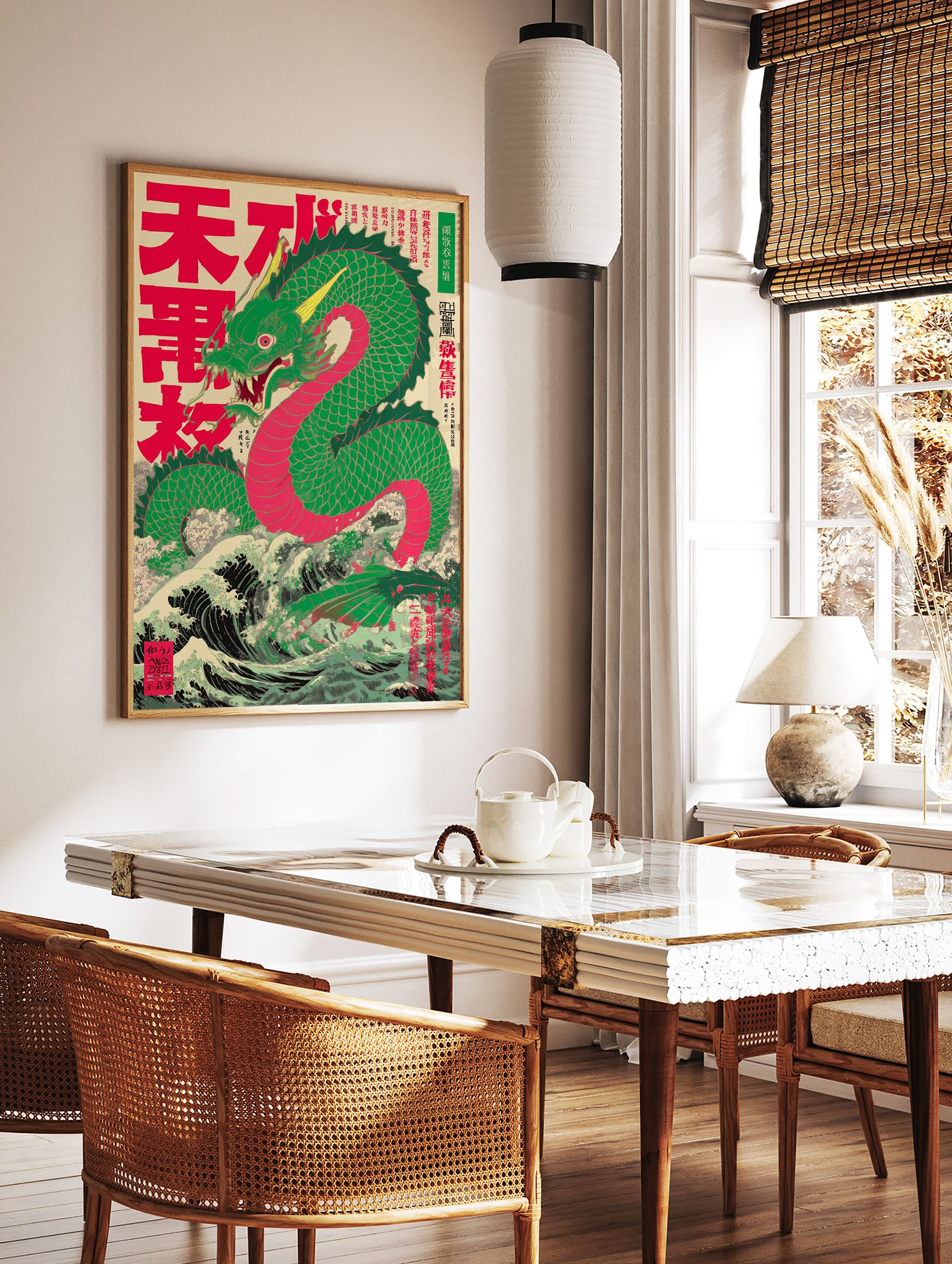Japanese Dragon poster depicting a vibrant green and red mythical dragon rising from dark, stormy waves in Ukiyo-e style. - Image 2