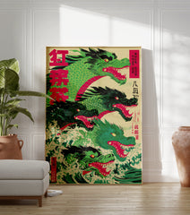 Japanese Dragon Poster featuring multiple green and red dragons with open mouths emerging from crashing waves in Ukiyo-e style. - Image 3