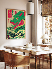 Japanese Dragon poster, green dragon rising from ukiyo-e style ocean waves with red accents and a small person. - Image 2