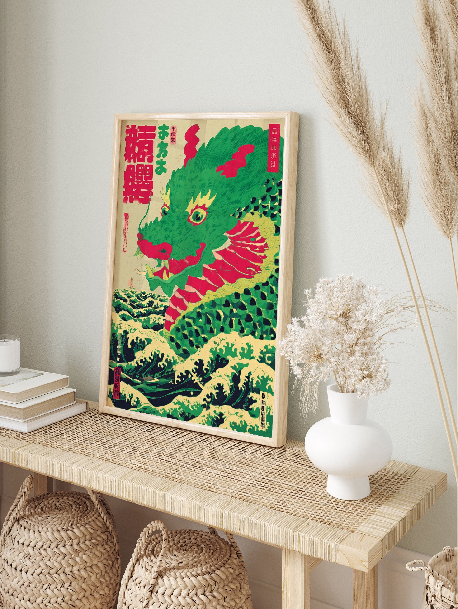 Japanese Dragon poster, green dragon rising from ukiyo-e style ocean waves with red accents and a small person. - Image 4