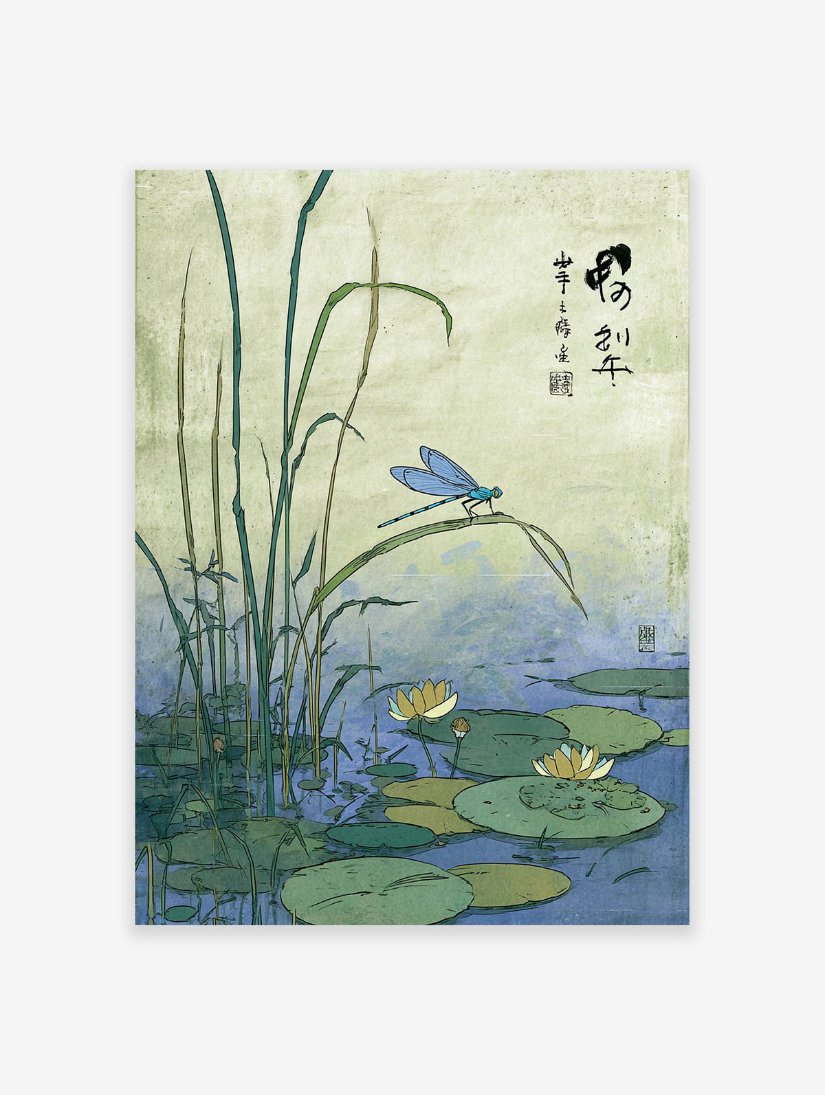 Japanese dragonfly art print showing a blue dragonfly on a reed above water lilies in a pond with green foliage.