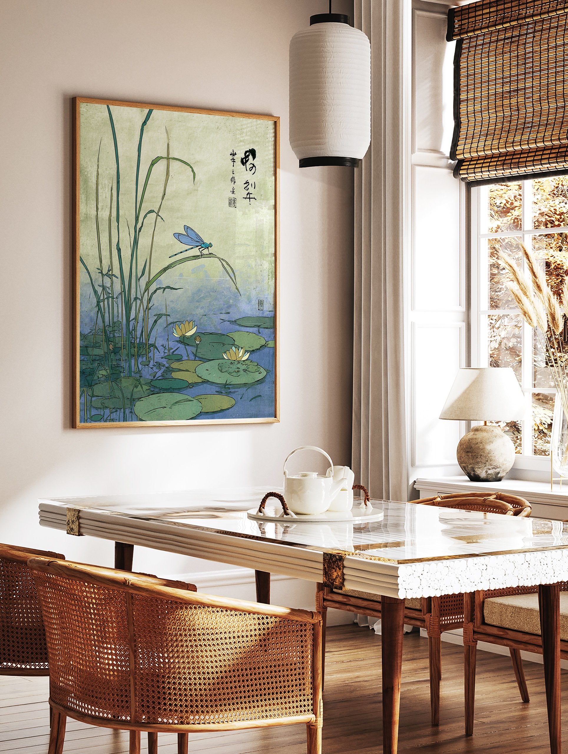 Japanese dragonfly art print showing a blue dragonfly on a reed above water lilies in a pond with green foliage. - Image 3