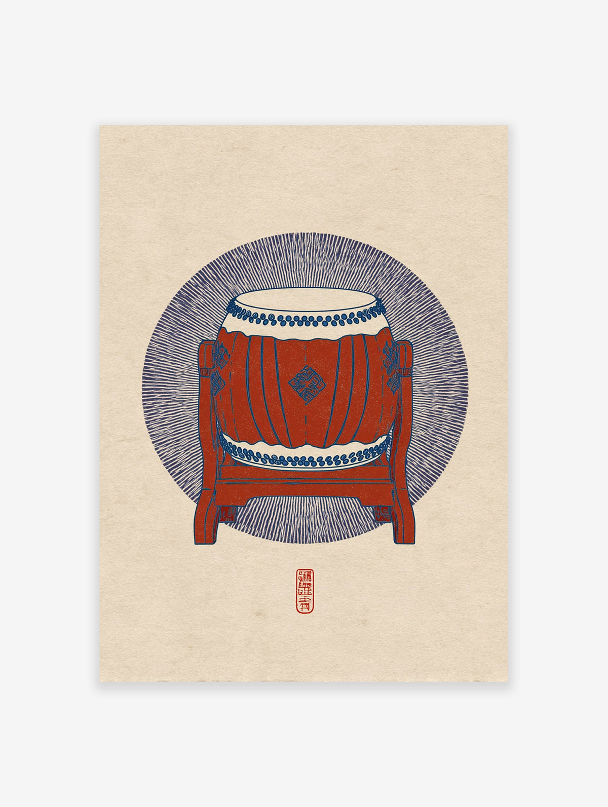 Traditional Japanese Taiko drum illustration in red and blue on a textured beige background with a red seal.