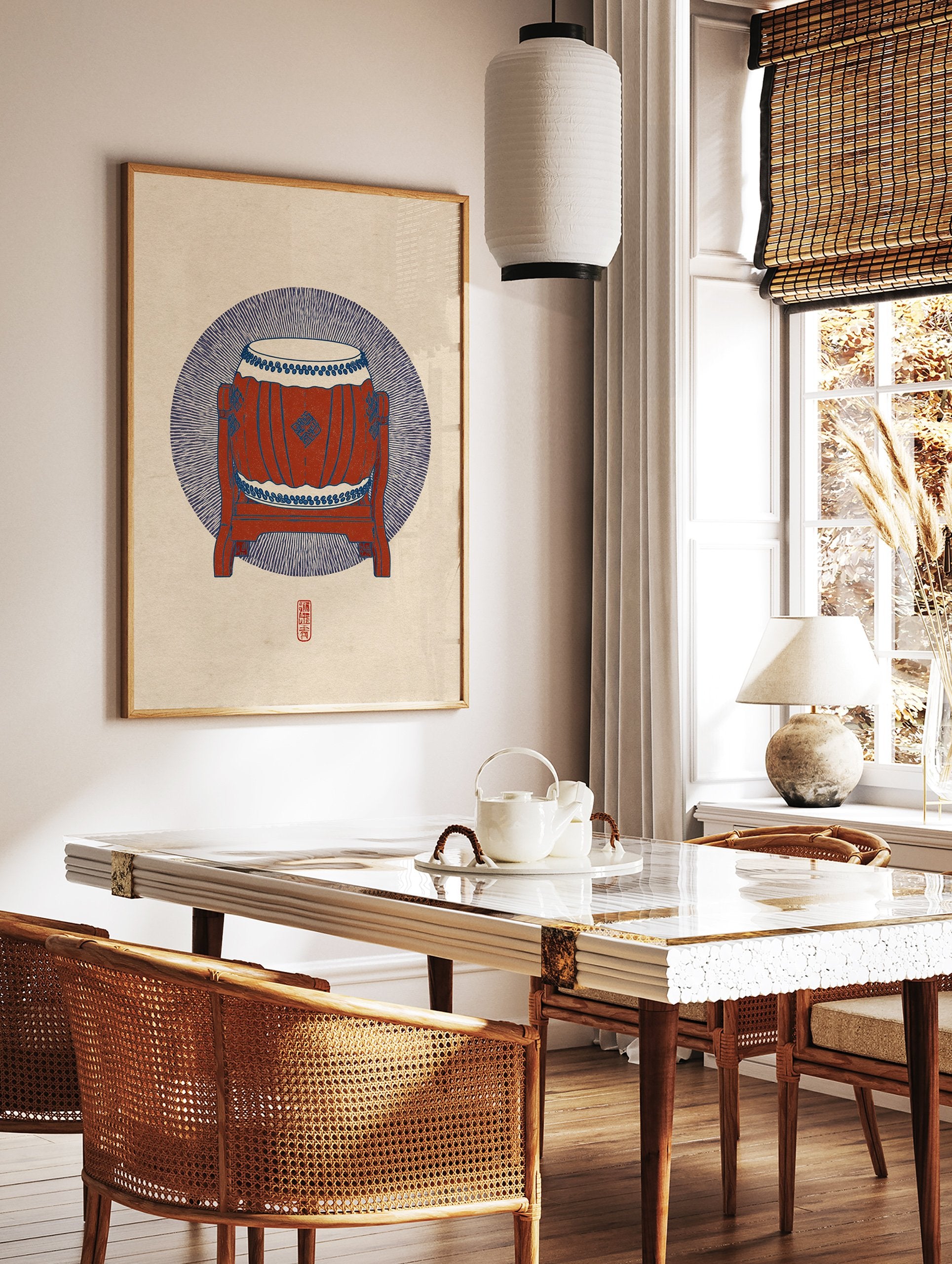 Traditional Japanese Taiko drum illustration in red and blue on a textured beige background with a red seal. - Image 2