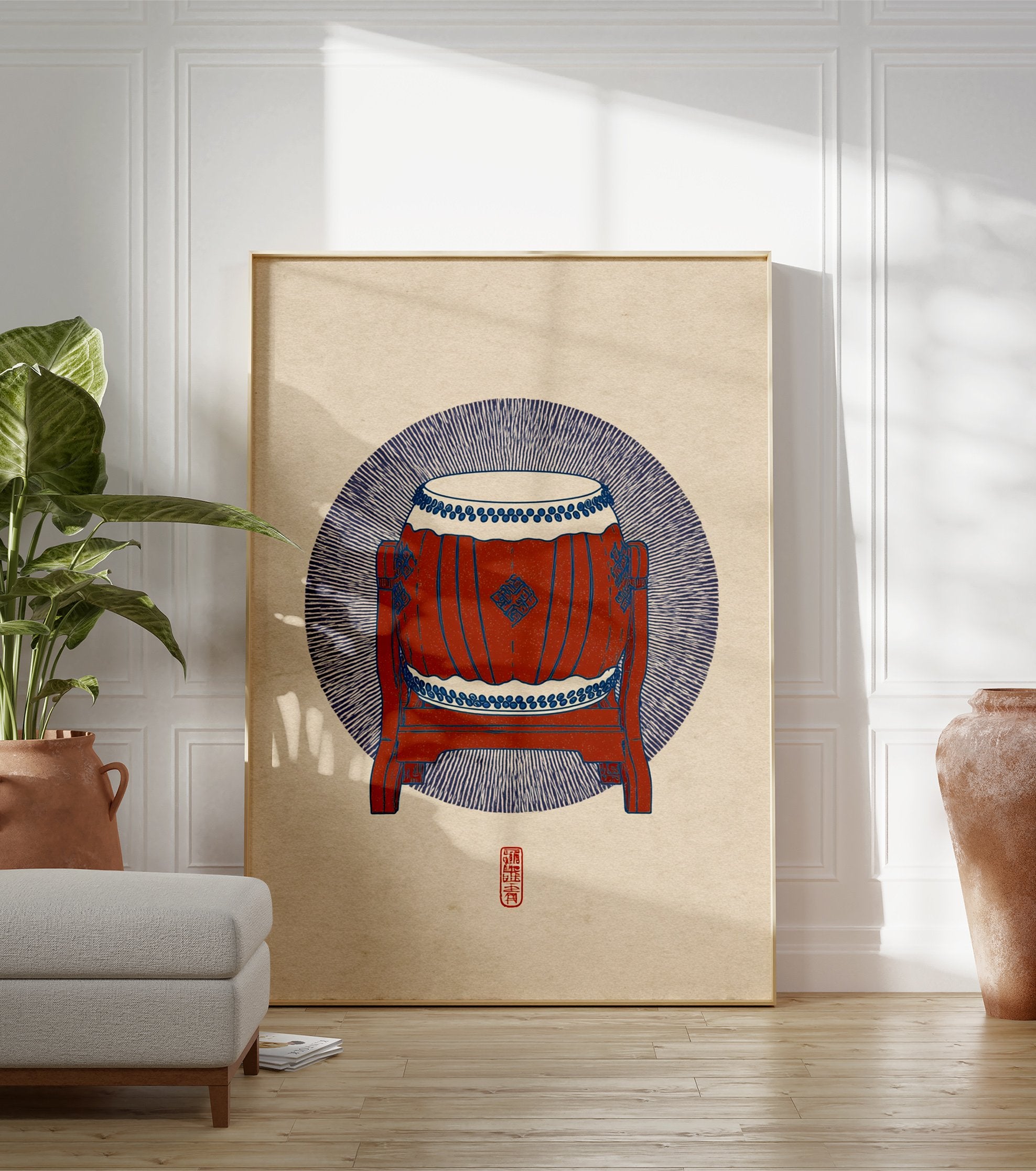Traditional Japanese Taiko drum illustration in red and blue on a textured beige background with a red seal. - Image 3
