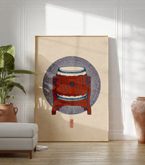 Traditional Japanese Taiko drum illustration in red and blue on a textured beige background with a red seal. - Image 3