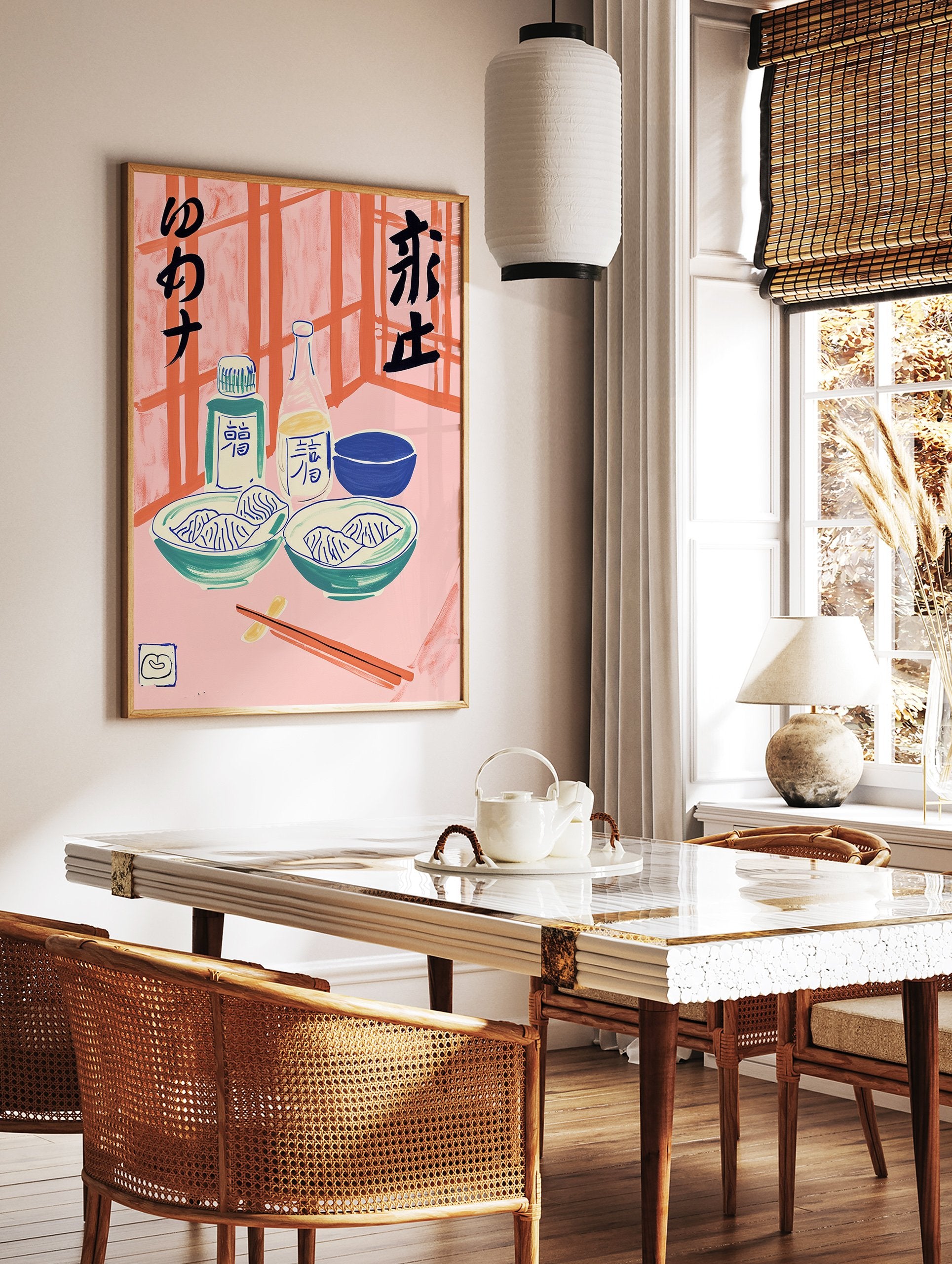 Japanese Dumpling poster featuring illustrated gyoza, soy sauce bottles, bowls, and chopsticks against a pink and orange background. - Image 2