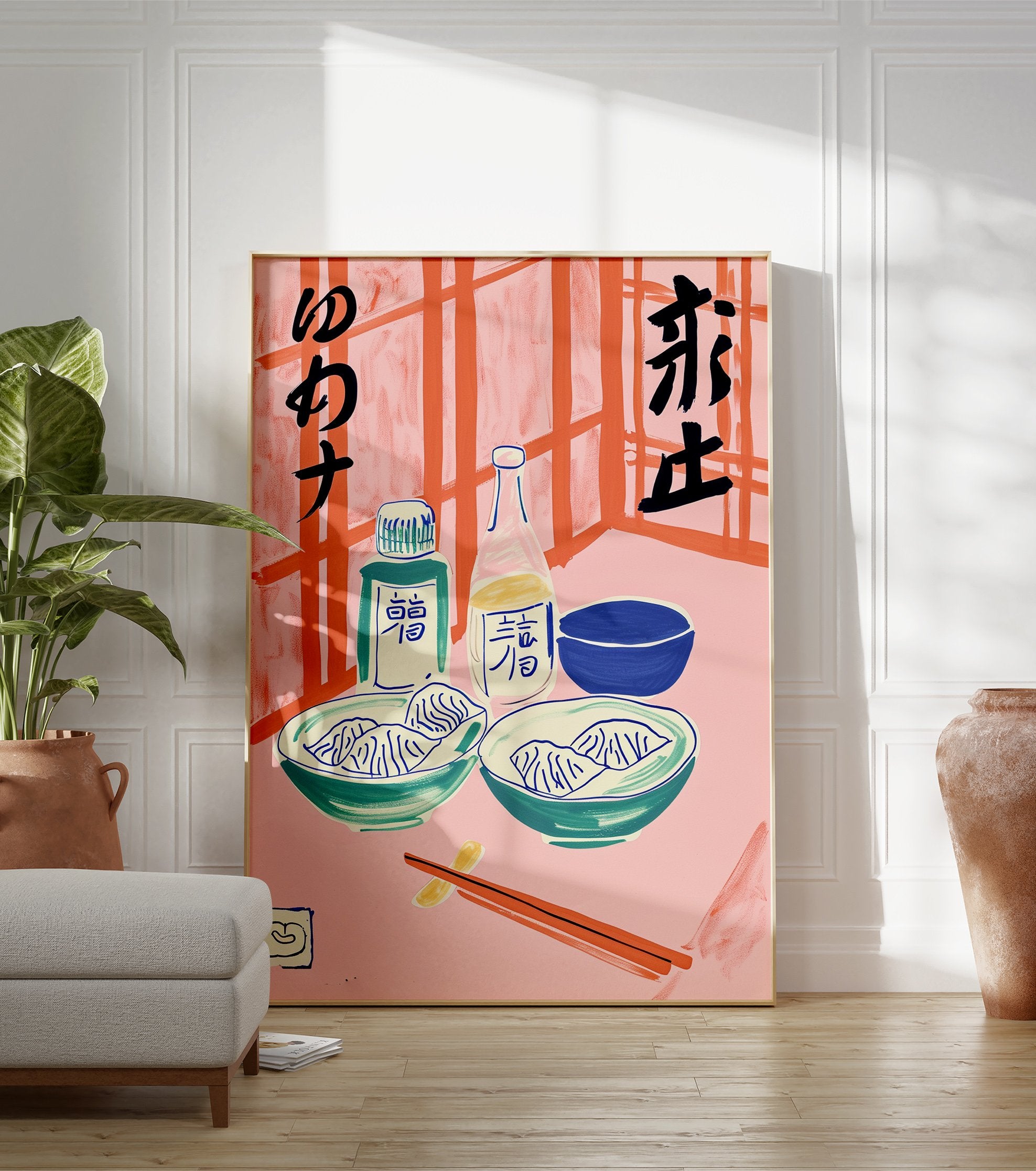 Japanese Dumpling poster featuring illustrated gyoza, soy sauce bottles, bowls, and chopsticks against a pink and orange background. - Image 3