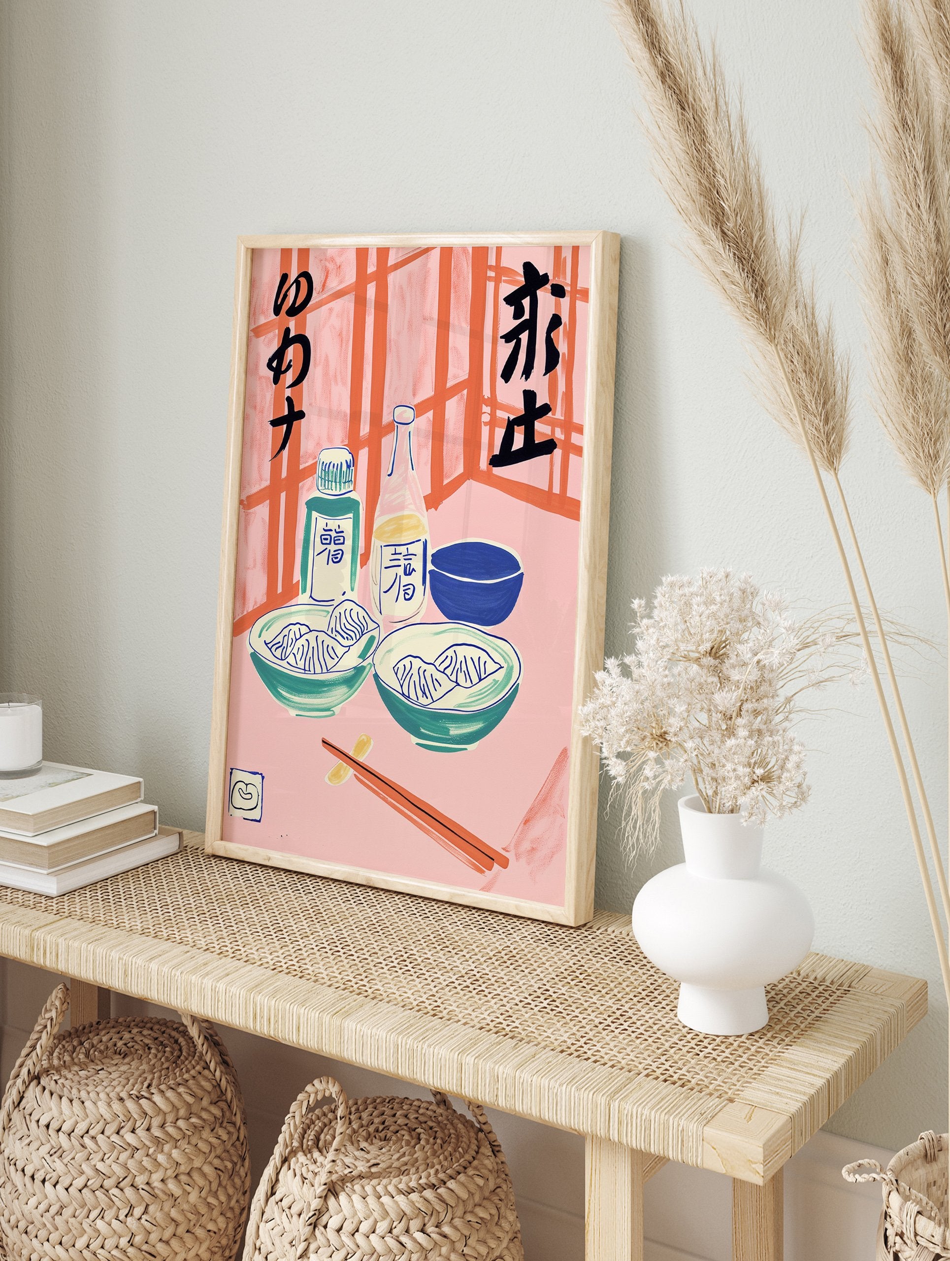 Japanese Dumpling poster featuring illustrated gyoza, soy sauce bottles, bowls, and chopsticks against a pink and orange background. - Image 4