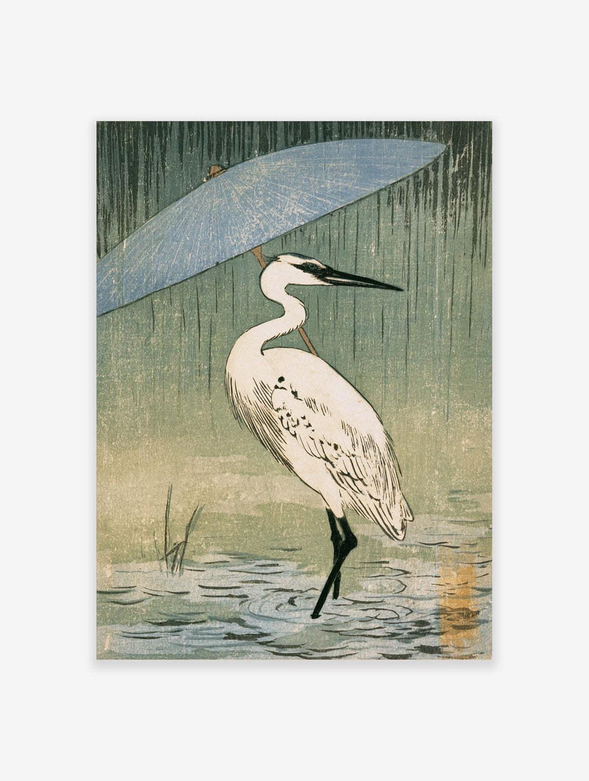 White egret holding blue umbrella in rain, Japanese style illustration with green background and water ripples