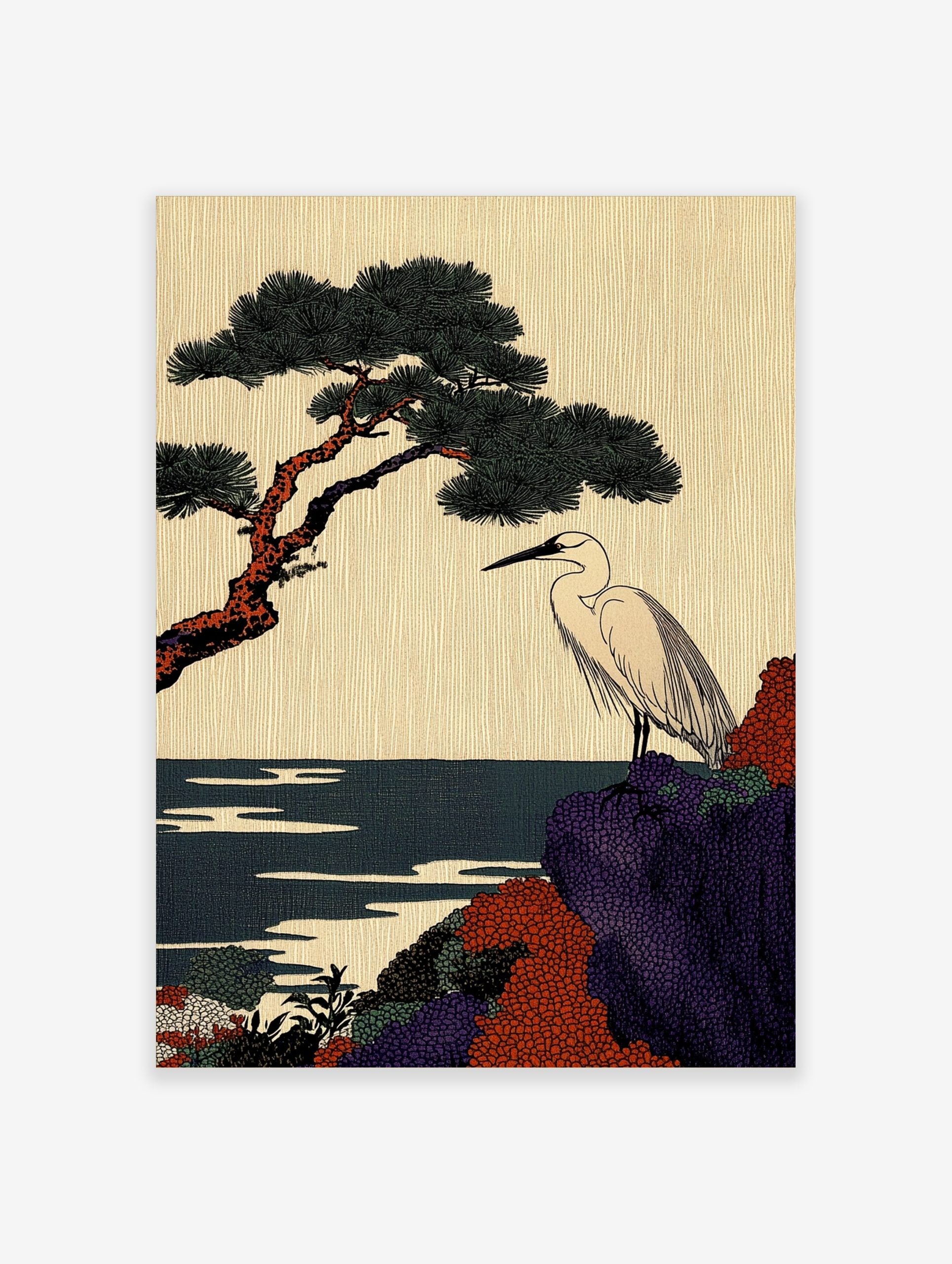 Japanese egret stands on a purple and red rocky cliff with a pine tree and dark blue sea