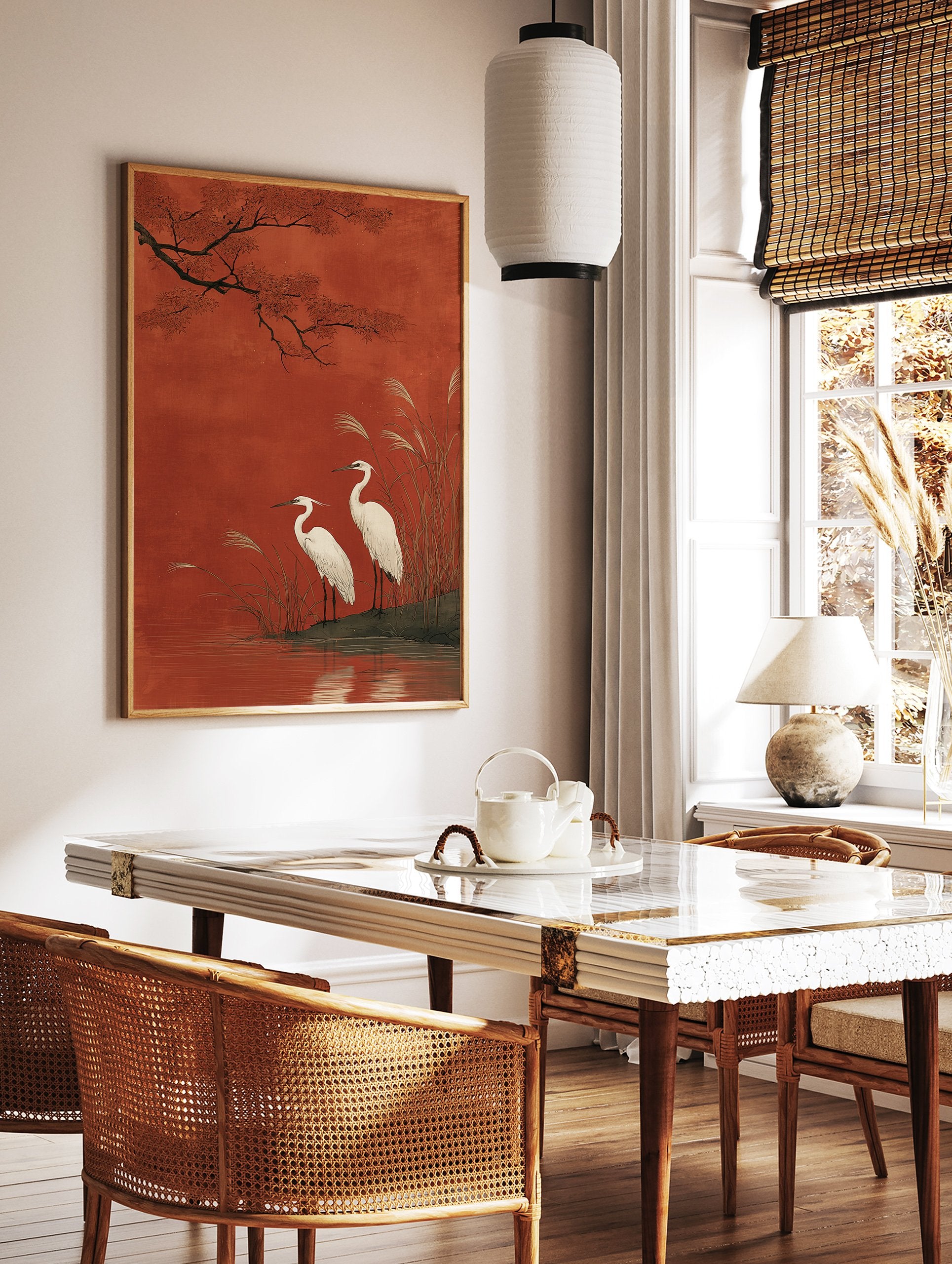 Japanese egret wall art print showing two white birds by water with red leaves and tall reeds against a rich red background. - Image 3