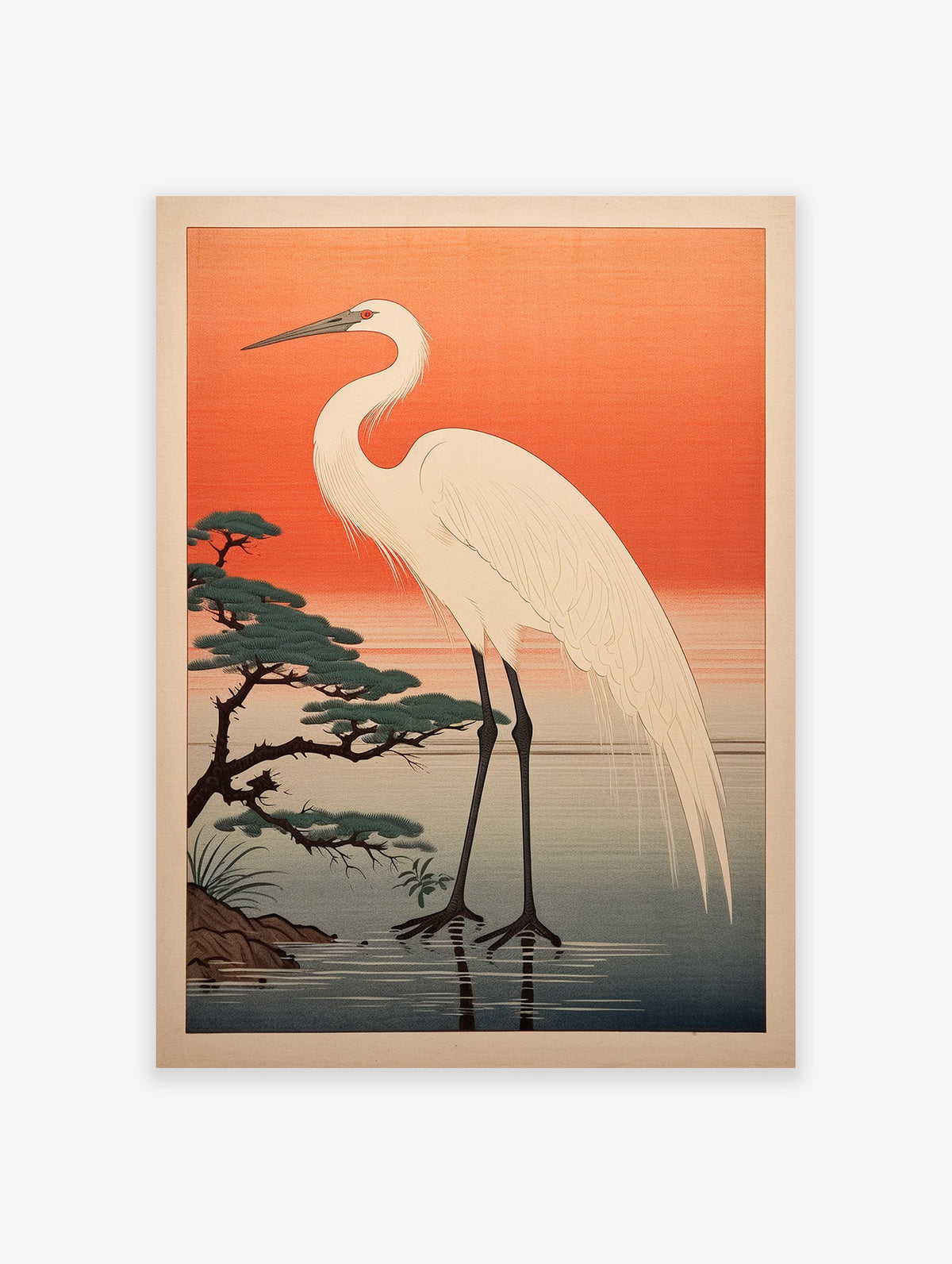 Japanese Egret Wall Art print showing a white egret in water with a pine tree against an orange sunset sky.