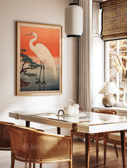 Japanese Egret Wall Art print showing a white egret in water with a pine tree against an orange sunset sky. - Image 2
