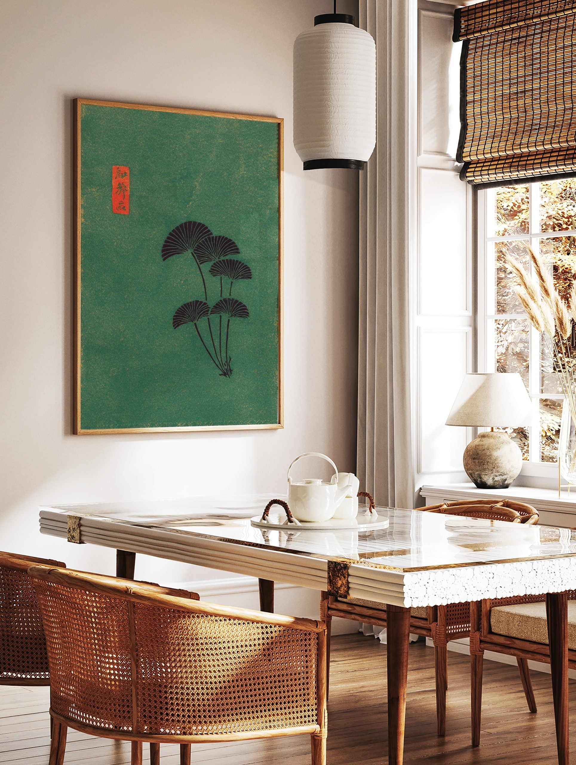 Japanese fan leaves botanical art print with dark foliage on a textured green background and a red, in a styled room mockup