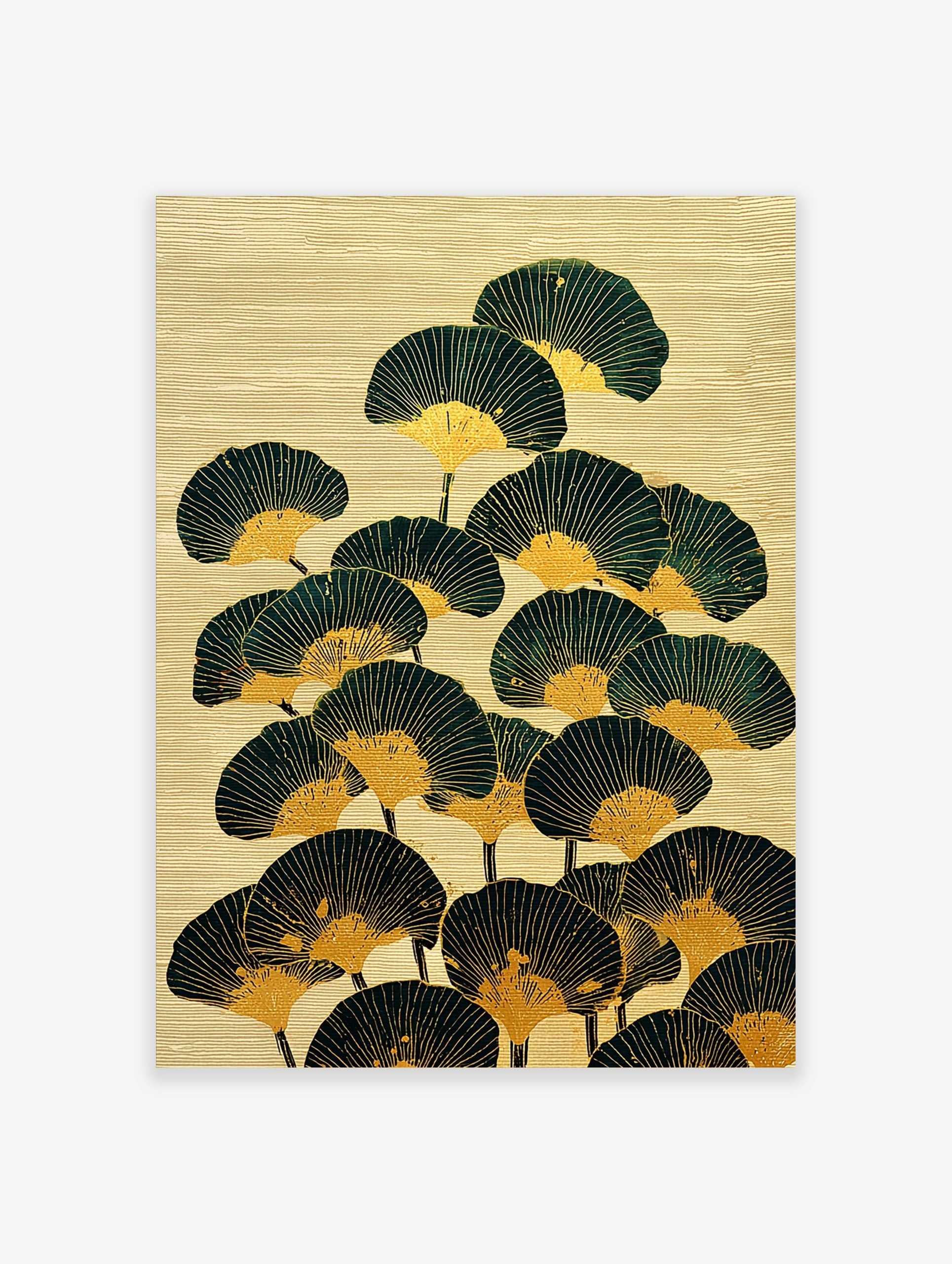 Illustrative Japanese fan wall art with dark green and gold fan shapes on a textured beige background