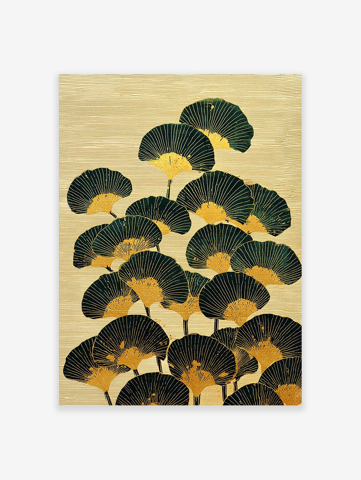 Illustrative Japanese fan wall art with dark green and gold fan shapes on a textured beige background
