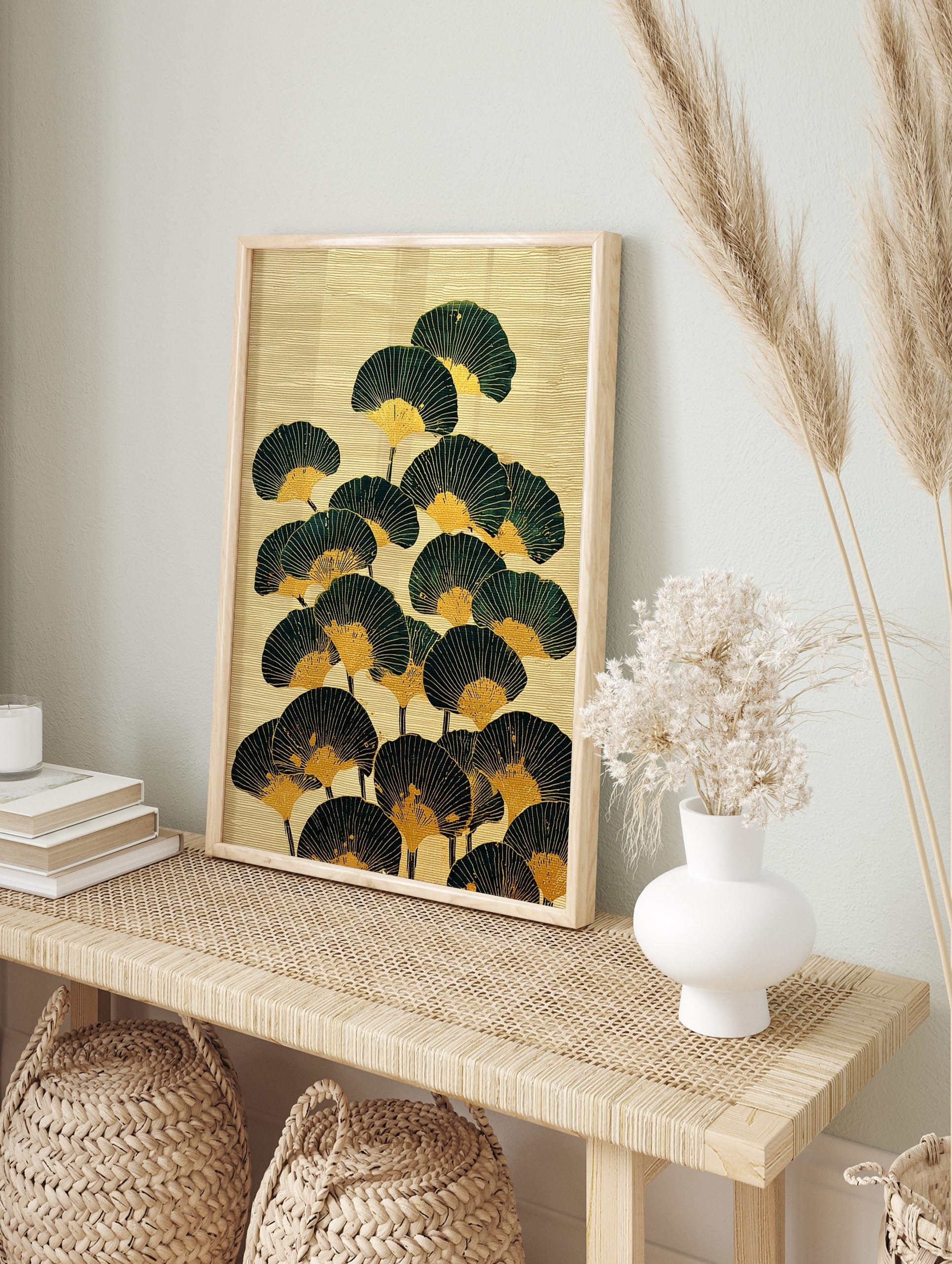 Illustrative Japanese fan wall art with dark green and gold fan shapes on a textured beige, in an alternate framed mockup