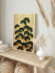 Illustrative Japanese fan wall art with dark green and gold fan shapes on a textured beige, in an alternate framed mockup