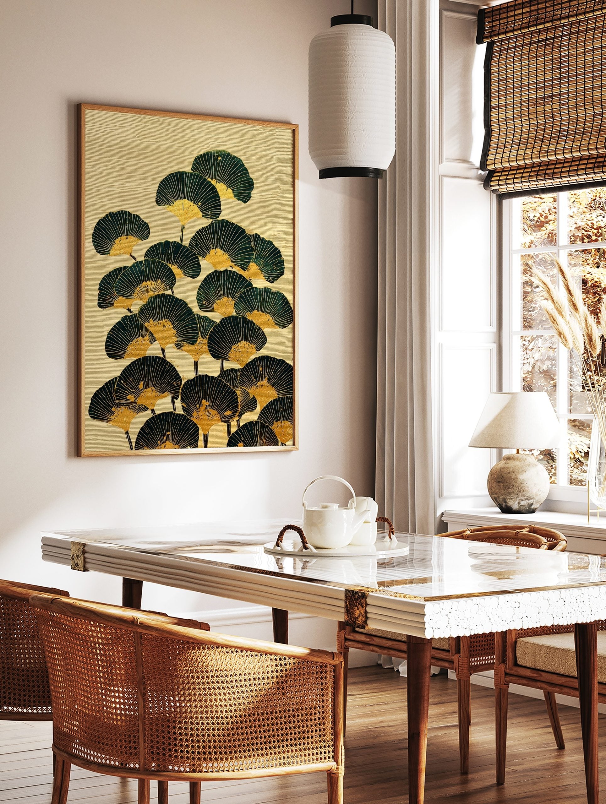 Illustrative Japanese fan wall art with dark green and gold fan shapes on a textured beige, in a styled room mockup