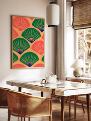 Repeating pattern of green and coral Japanese fans with dark blue accents on an orange background, in a styled room mockup