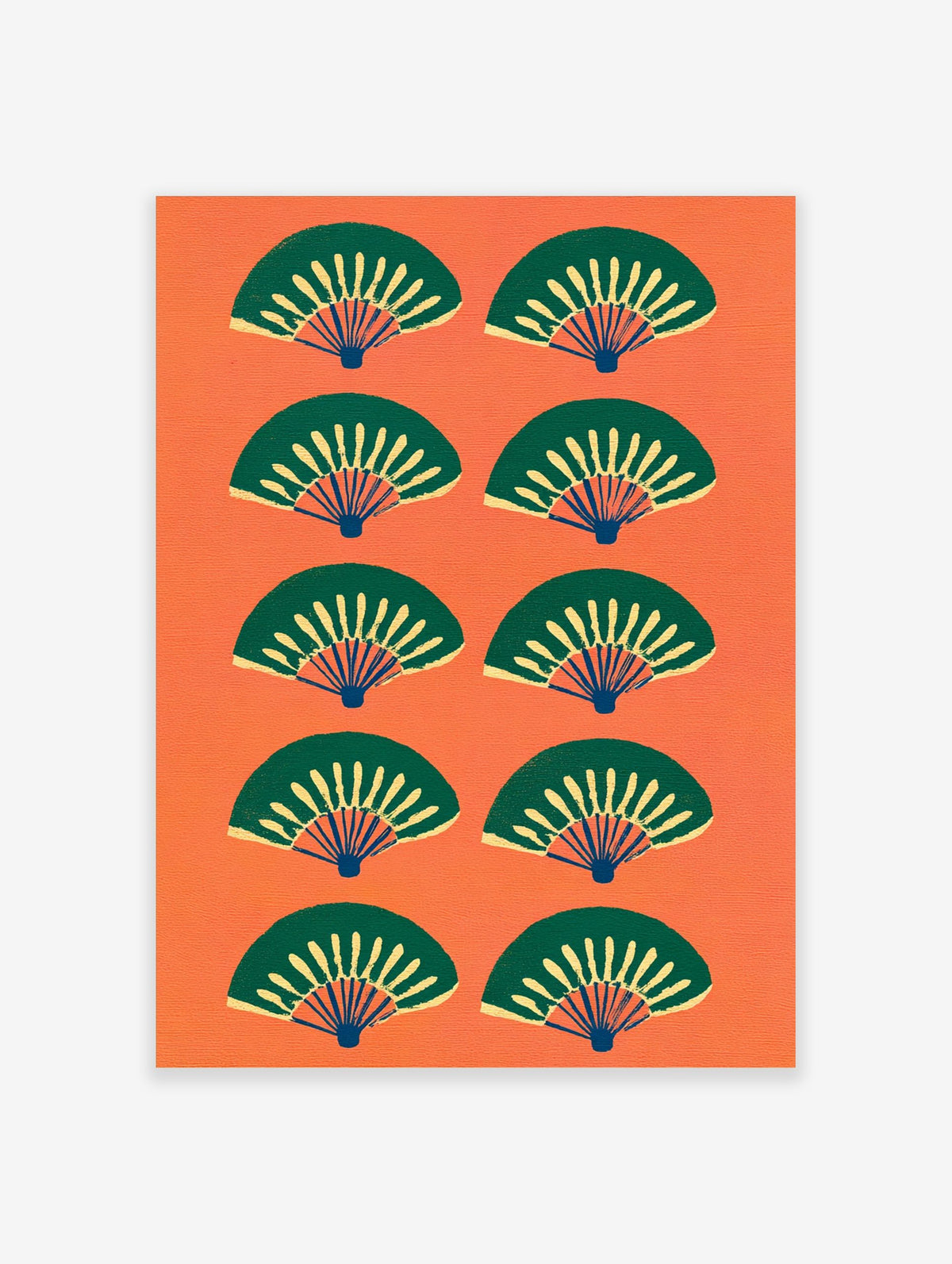 Pattern of stylised green and yellow Japanese fans on a vibrant orange background