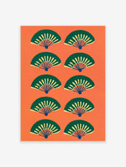 Pattern of stylised green and yellow Japanese fans on a vibrant orange background