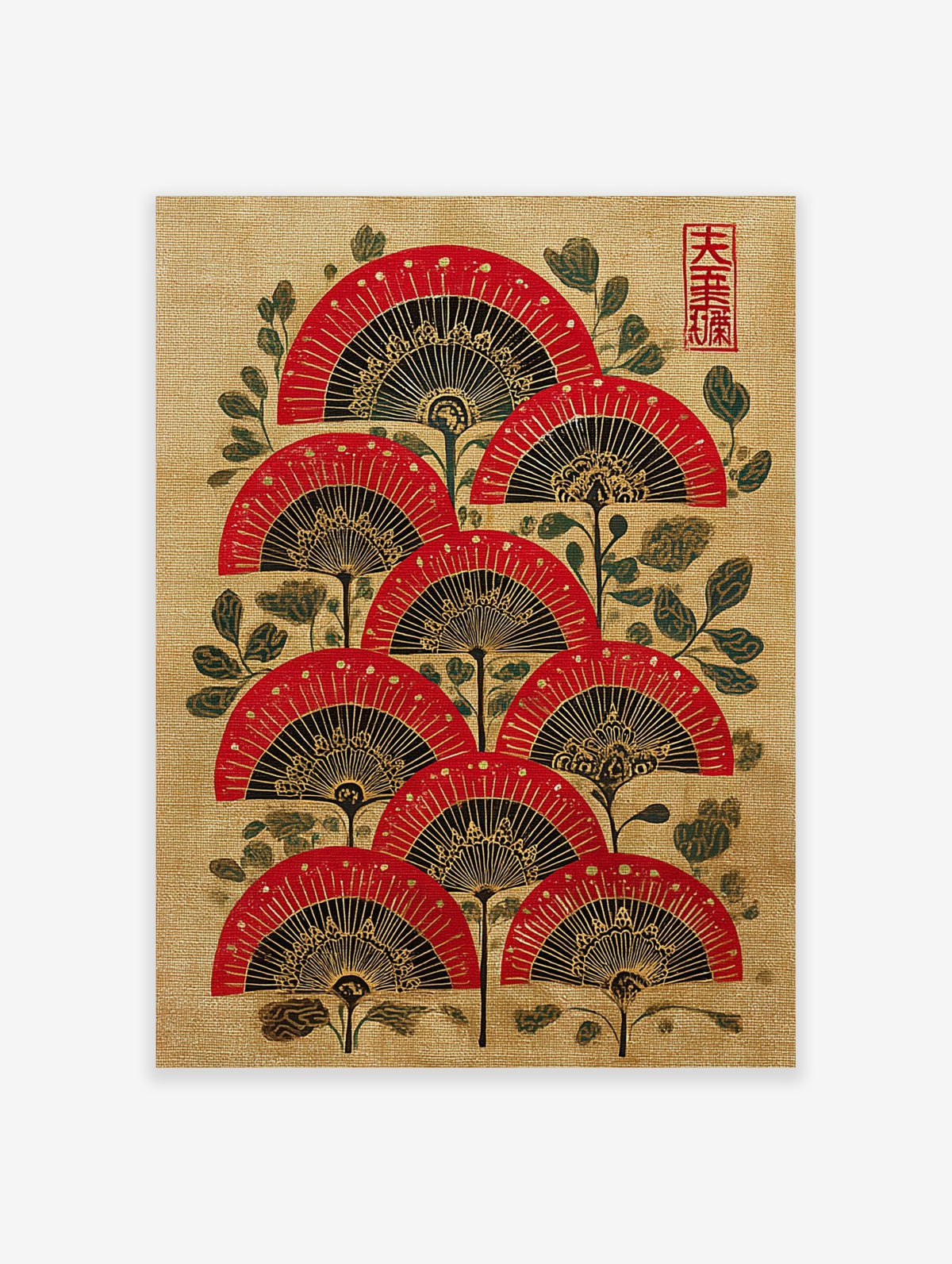 Red, black, and gold Japanese folding fan wall art with green foliage on a textured beige background