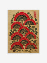 Red, black, and gold Japanese folding fan wall art with green foliage on a textured beige background