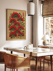 Red, black, and gold Japanese folding fan wall art with green foliage on a textured beige background, in a styled room mockup