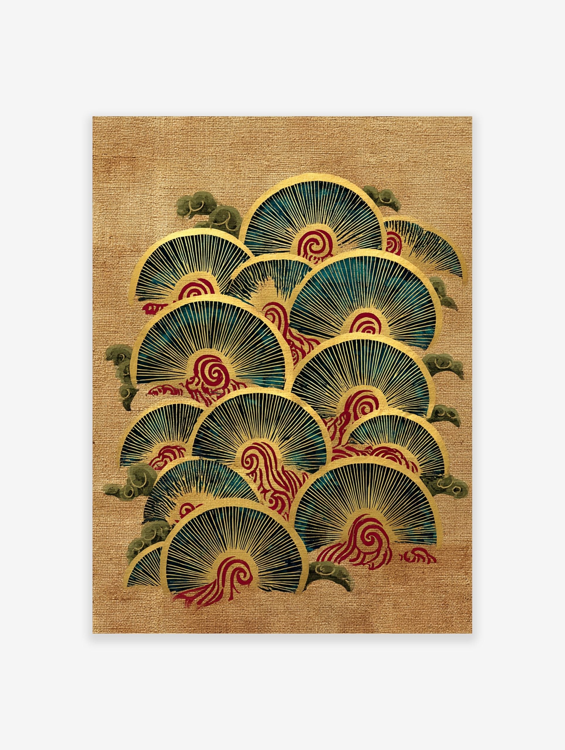 Japanese fan waves illustration with teal and gold semi-circles, red swirls, and green clouds on beige