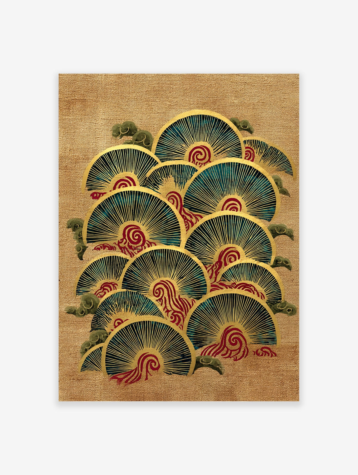 Japanese fan waves illustration with teal and gold semi-circles, red swirls, and green clouds on beige