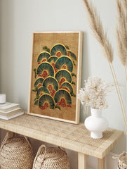 Japanese fan waves illustration with teal and gold semi-circles, red swirls, and green clouds, in an alternate framed mockup