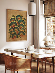 Japanese fan waves illustration with teal and gold semi-circles, red swirls, and green clouds on, in a styled room mockup