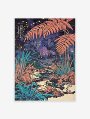 Japanese Firefly Forest Poster featuring coral ferns, a stream, and glowing fireflies in a dark, enchanting night scene.