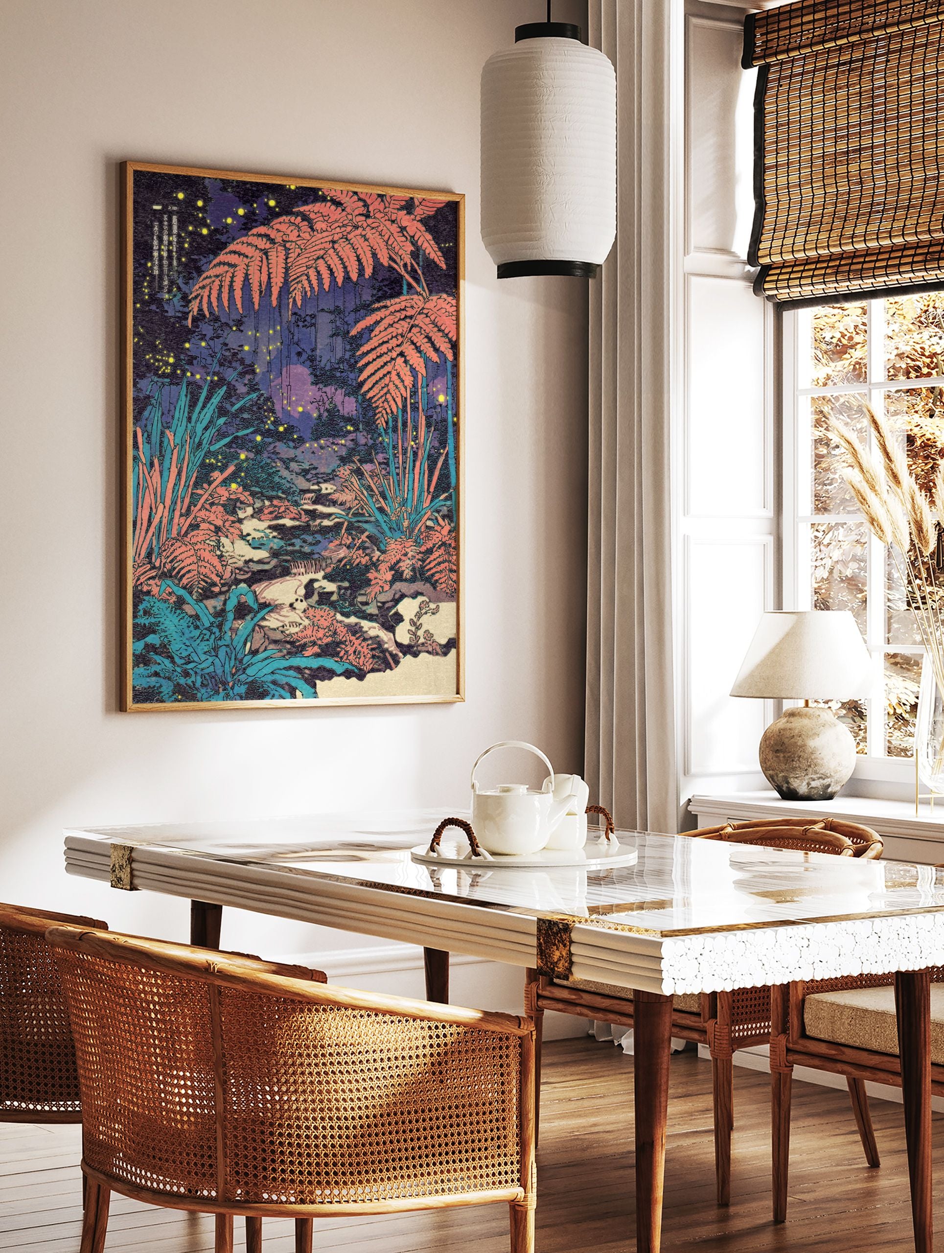 Japanese Firefly Forest Poster featuring coral ferns, a stream, and glowing fireflies in a dark, enchanting night scene. - Image 2
