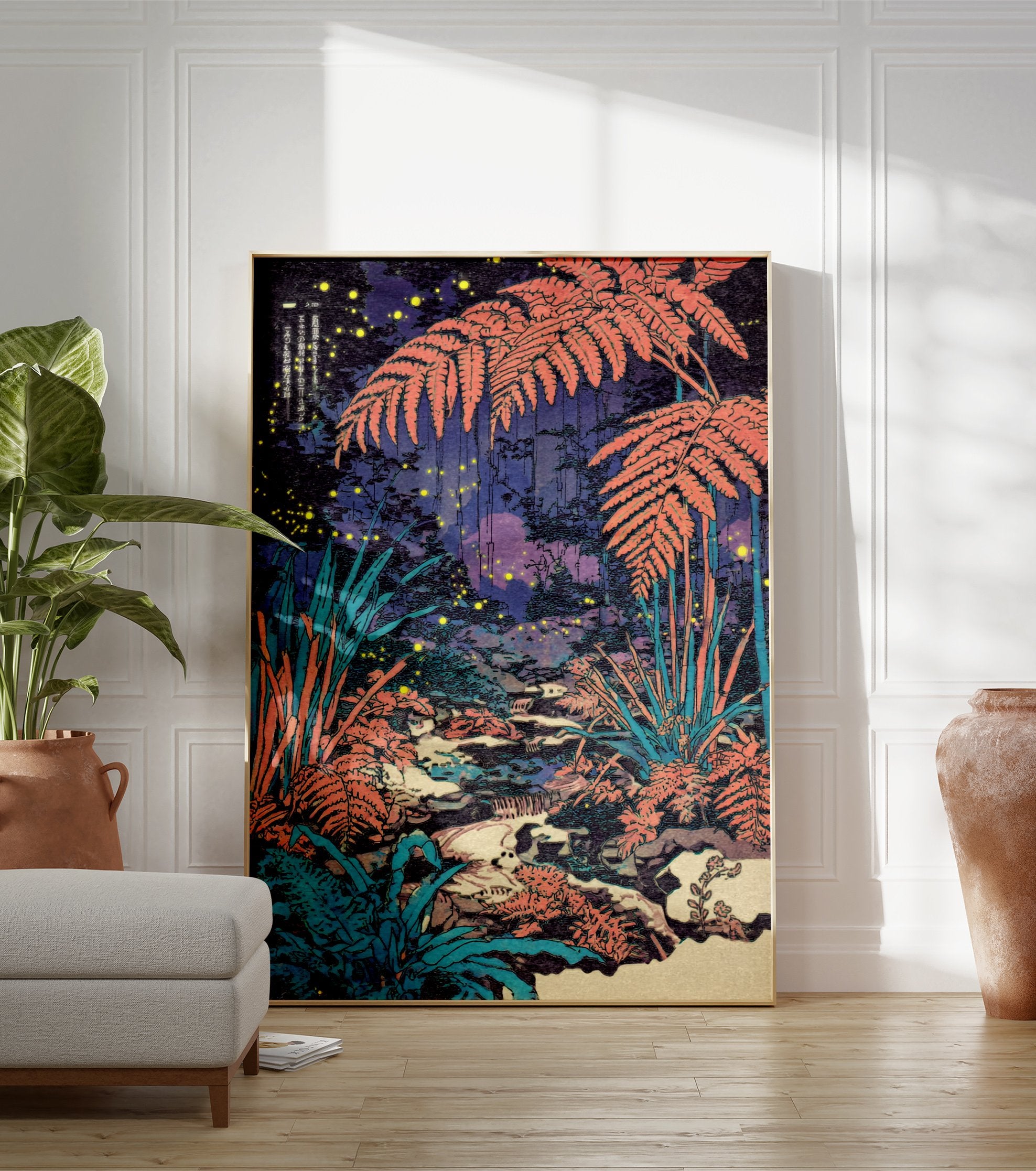 Japanese Firefly Forest Poster featuring coral ferns, a stream, and glowing fireflies in a dark, enchanting night scene. - Image 3