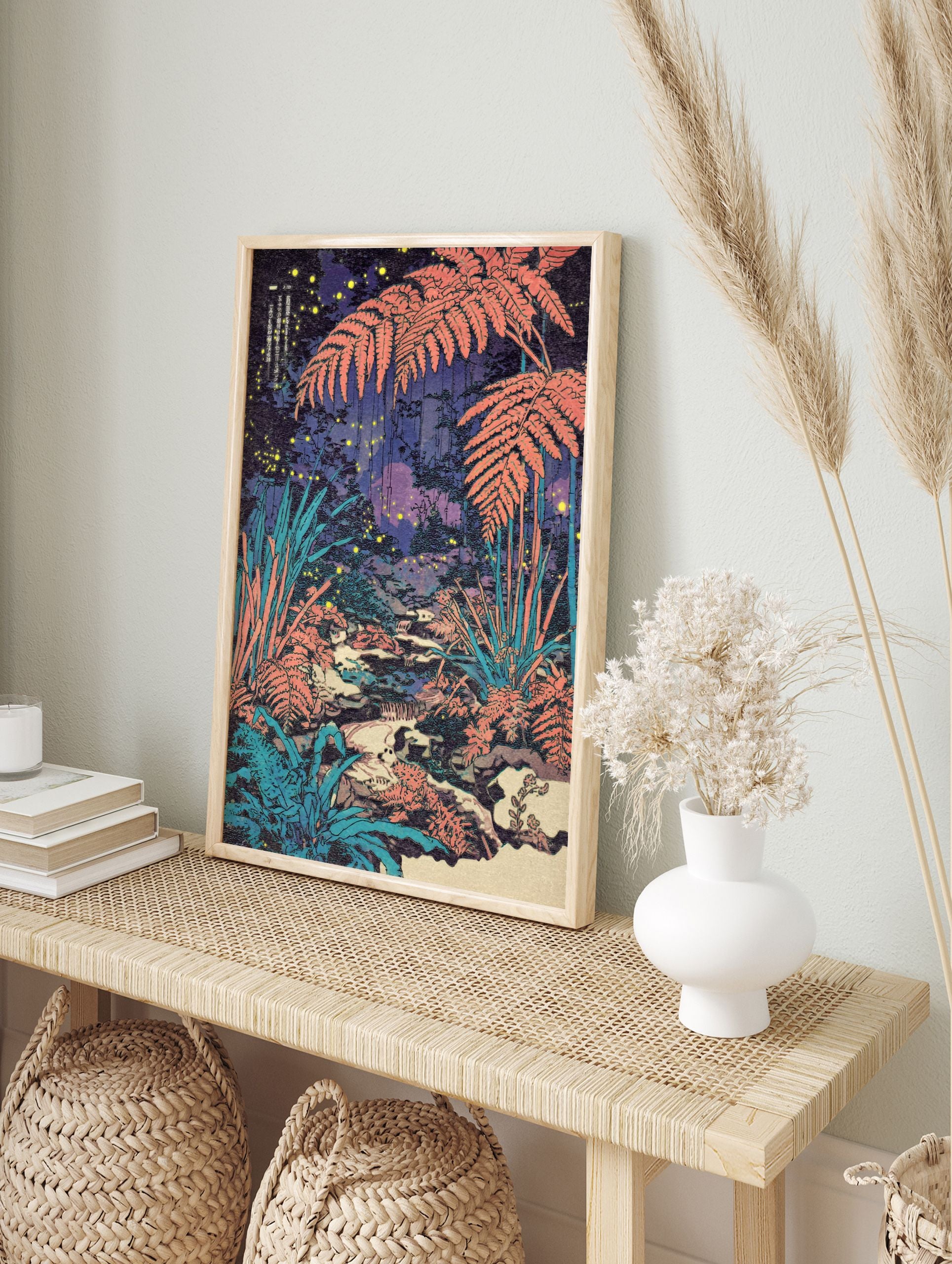 Japanese Firefly Forest Poster featuring coral ferns, a stream, and glowing fireflies in a dark, enchanting night scene. - Image 4