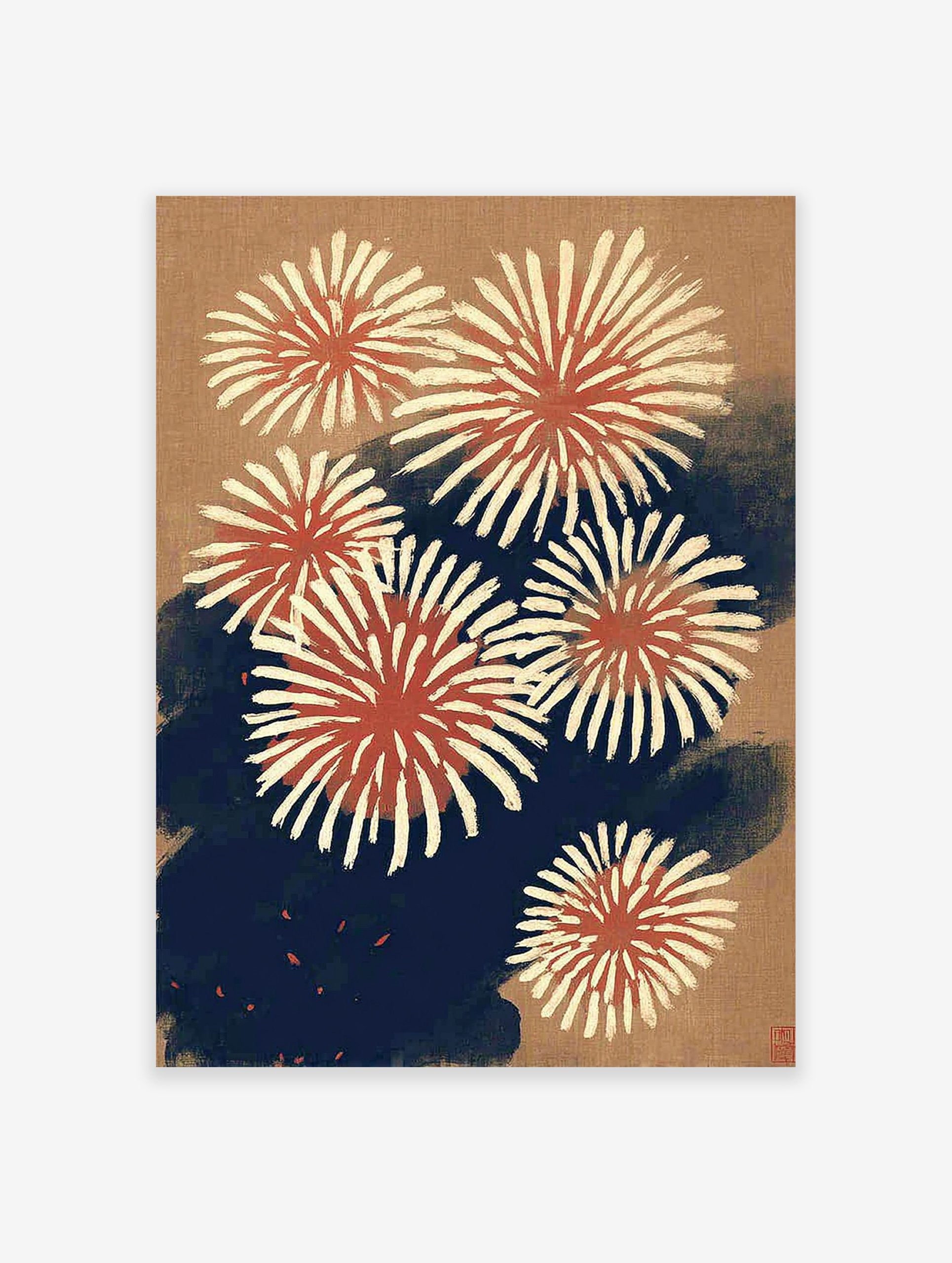 Traditional Japanese fireworks wall art print with red, cream, and blue bursts on a textured tan background.