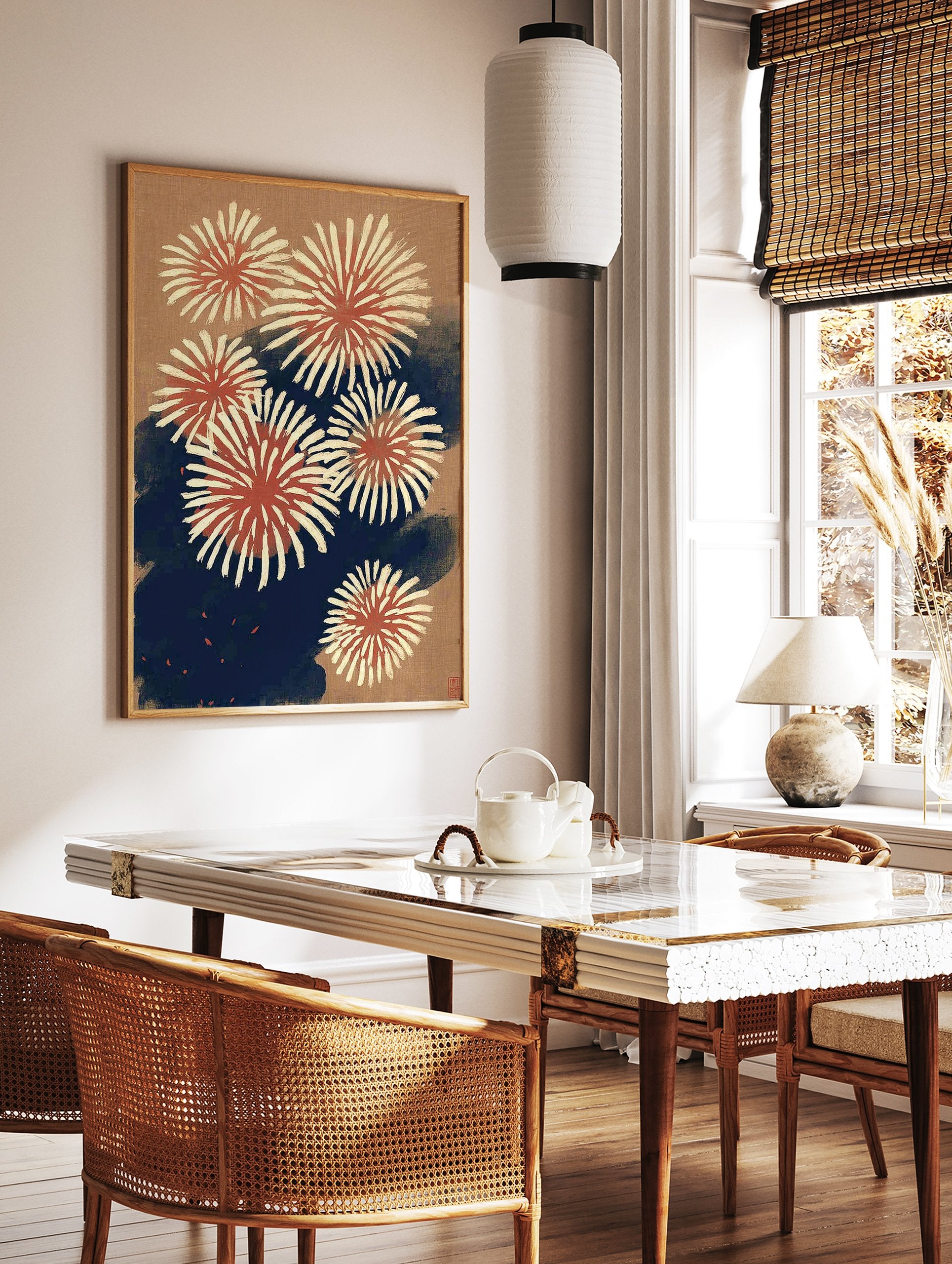 Traditional Japanese fireworks wall art print with red, cream, and blue bursts on a textured tan background. - Image 2