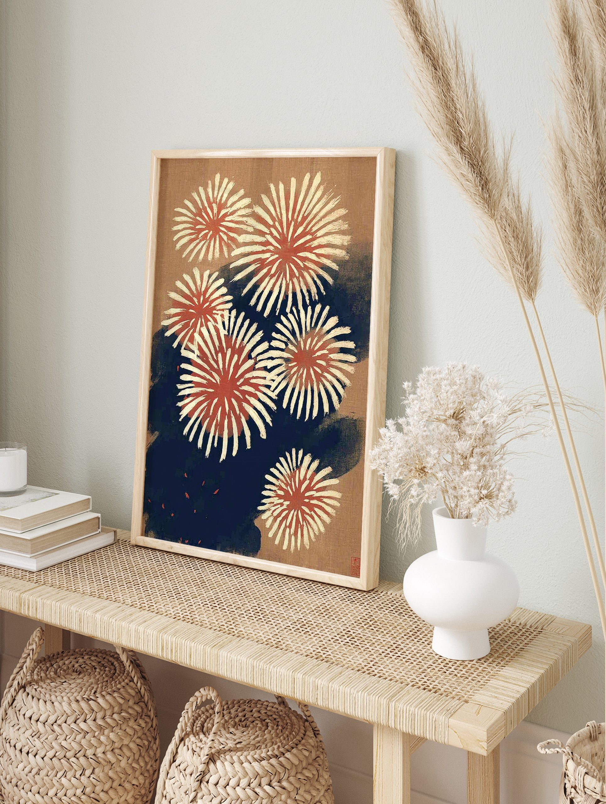 Traditional Japanese fireworks wall art print with red, cream, and blue bursts on a textured tan background. - Image 3